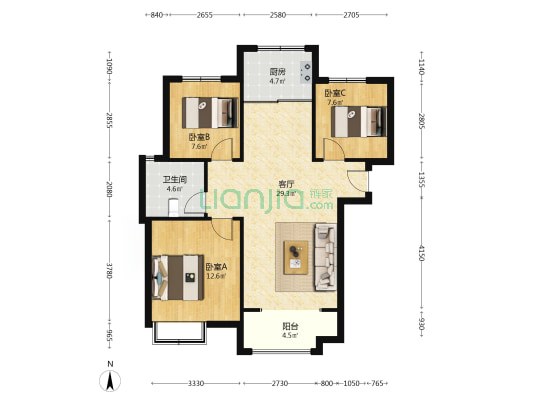 此房南北通透 样板间格局 楼层中上 采光不错 诚意出售-户型图