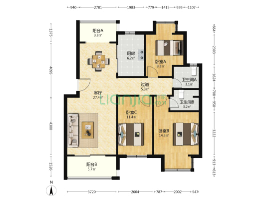 东港花园 3室1厅2卫 135平方