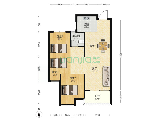 榕发望熙雅筑A区 3室1厅1卫 90平方