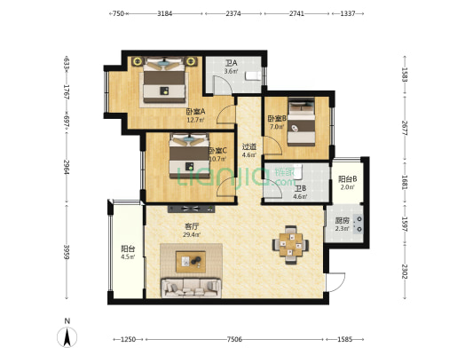 正兴街道丽园小区 3室1厅2卫 100平方