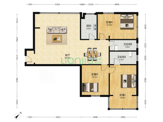五丁路1号 3室1厅2卫 133平方