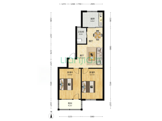 宏建大厦 2室1厅1卫 78平方
