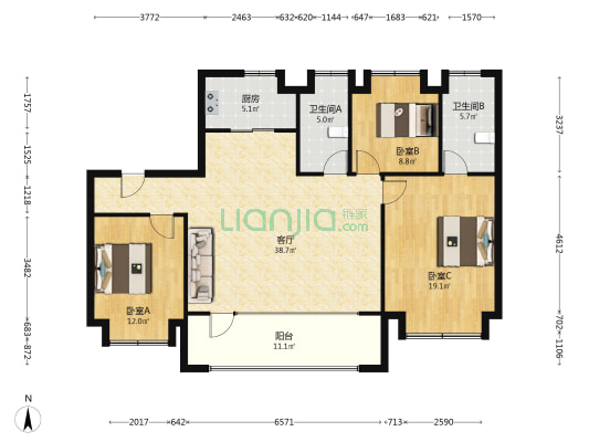 金基璟樾府 3室1厅2卫 143平方