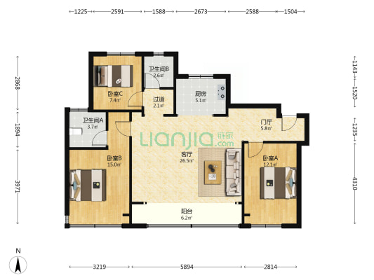 能建紫郡兰园A2地块 3室1厅2卫 117平方