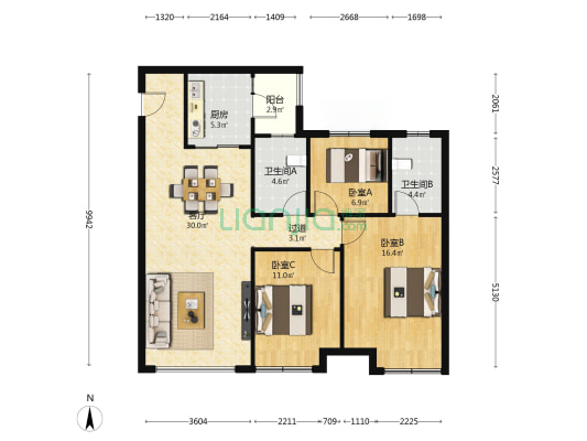 蓝光公园华府世家 3室1厅2卫 116平方
