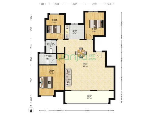 城南旭辉城市江来 3室1厅2卫 130平方