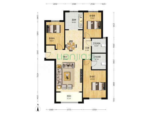 塔冢新村E区 3室1厅2卫 133平方