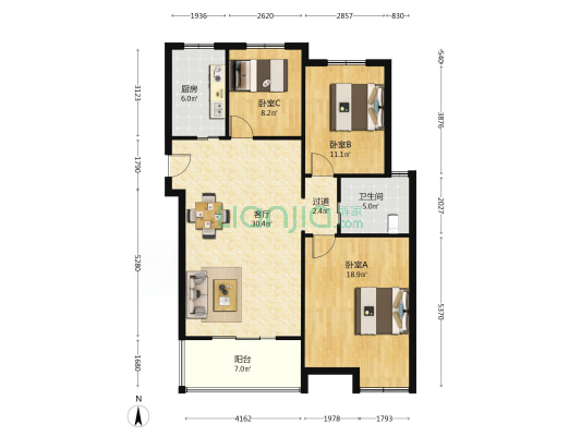 三泉家园 3室1厅1卫 102平方