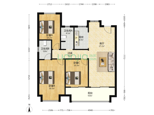 城南旭辉城市江来 3室1厅2卫 118平方