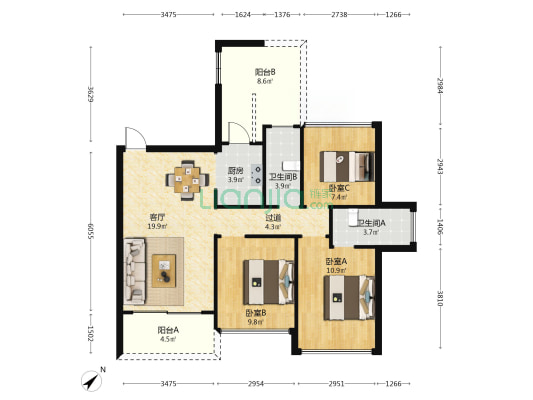 德馨俪苑 3室1厅2卫 87平方