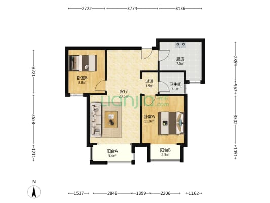 诗锦苑 2室1厅1卫 90平方