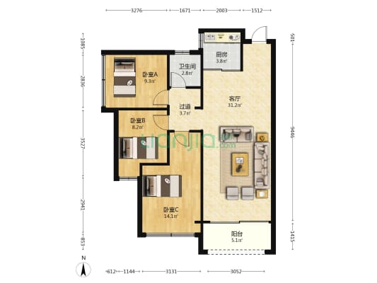 格兰丽锦雅苑 3室1厅1卫 96平方