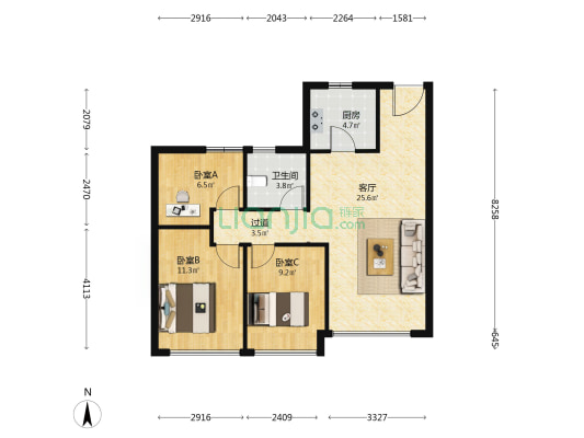 绿城·桂语听蘭二期 3室1厅1卫 88平方