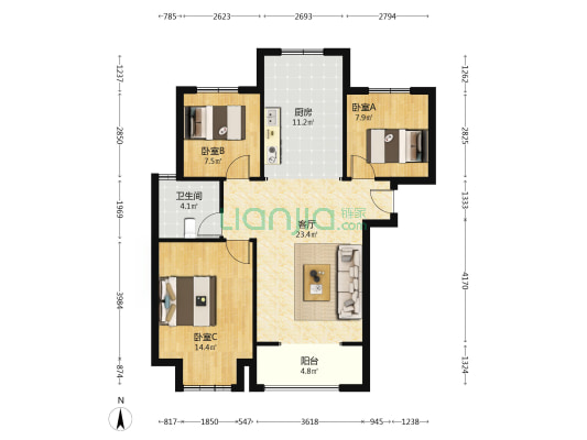 三居南北通透 样板间户型，户型方正，高楼层无遮挡-户型图
