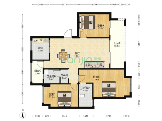隆腾锦天府 3室1厅3卫 120平方