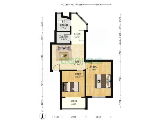 一环路东四段6号 2室1厅2卫 60平方