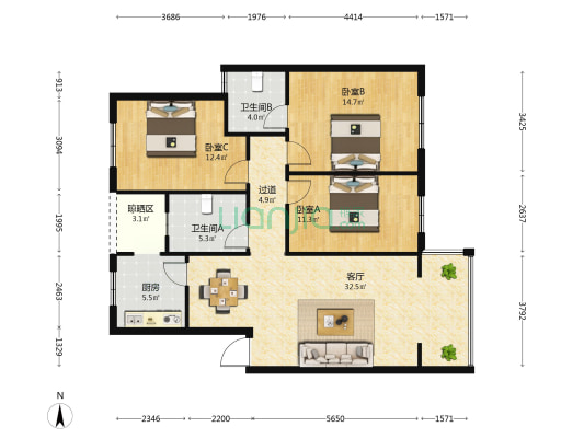 和源小区 3室1厅2卫 110平方