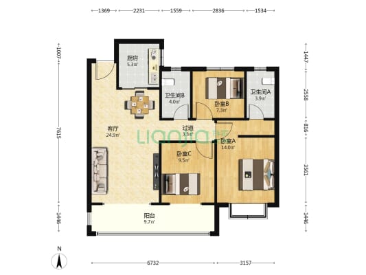 交投高新苑伍号院 3室1厅2卫 121平方