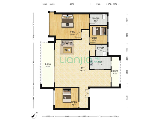 国贸锦原 3室1厅2卫 126平方