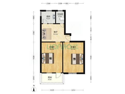 虹桥北路2号 2室1厅1卫 64平方