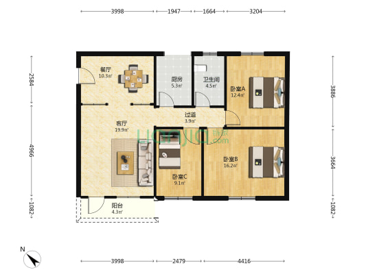 岗城大厦 3室2厅1卫 104平方