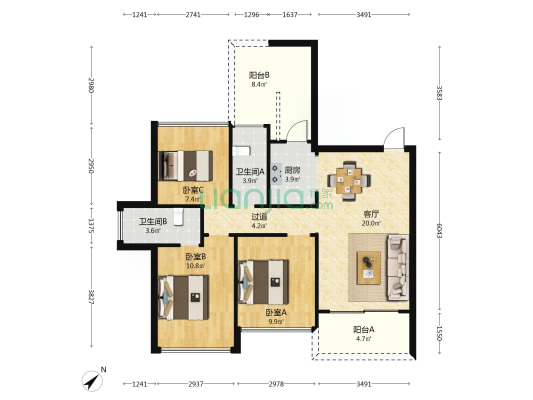 德馨俪苑 3室1厅2卫 87平方