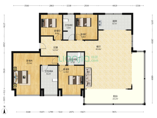 名邦上河印 4室1厅3卫 204平方