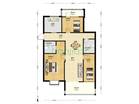 康平公寓 3室1厅2卫 136平方