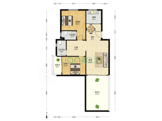 龙井小区 2室2厅2卫 90平方