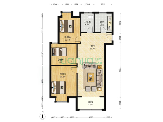 盛江花苑樱花园 3室1厅1卫 110平方