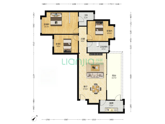 梧桐雅园 3室1厅2卫 119平方