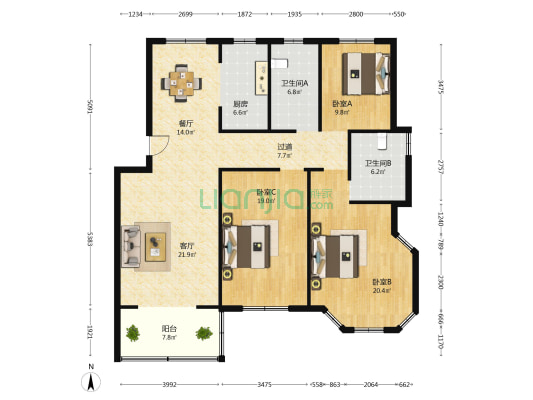 紫金花园 3室2厅2卫 141平方