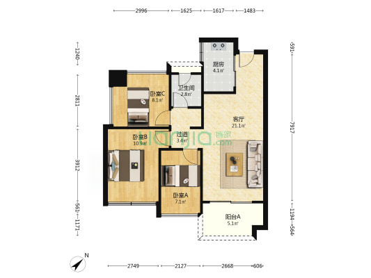 莞月松湖 3室1厅1卫 80平方
