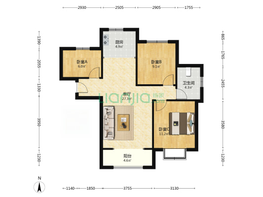 精装南北通透三居室顶层挑高高视野好-户型图