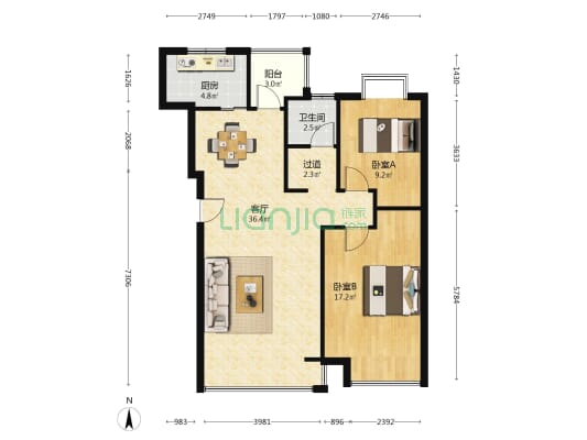 现代雅境园 2室1厅1卫 90平方