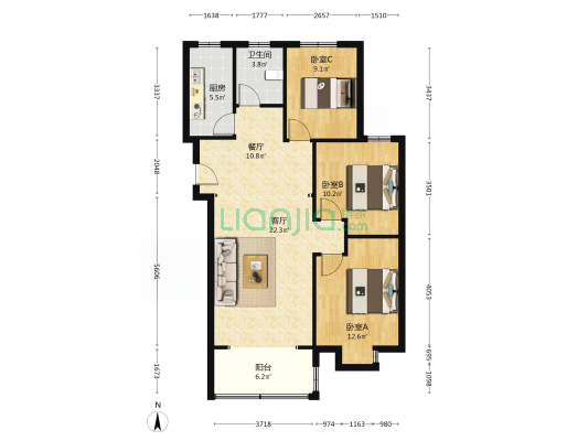 平安D区 中间层 南北通透 三居室 满五唯一-户型图