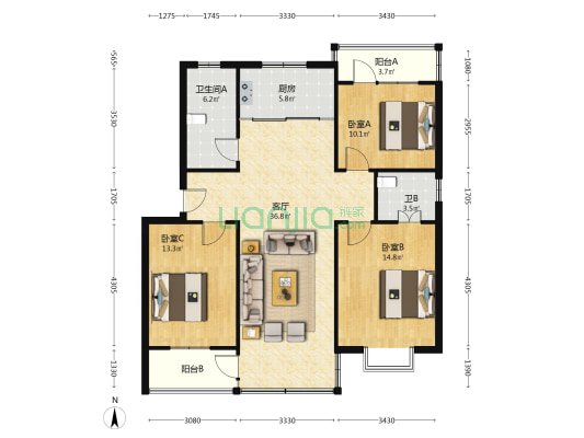 琴枫南苑 3室1厅2卫 117平方