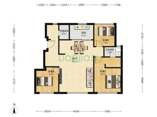 万达公园润园 3室1厅2卫 95平方