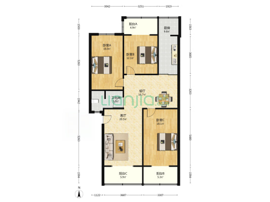 卧龙电力小区 3室2厅1卫 126平方