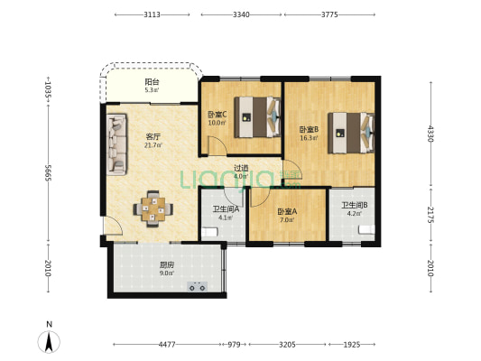 康富花园四期 3室1厅2卫 97平方