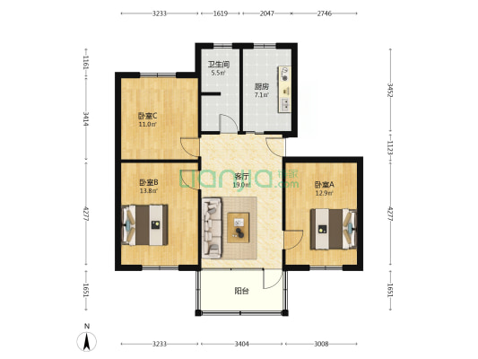 洪泾里北 3室1厅1卫 92平方
