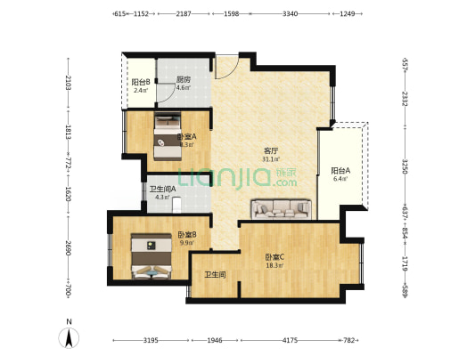 港龙美的未来映 3室1厅2卫 105平方