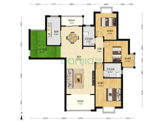 华晨世纪广场 3室1厅2卫 130平方
