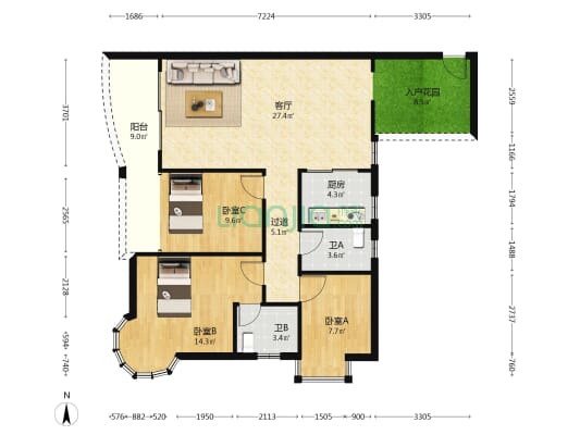 上河坊Q7B区 3室1厅2卫 101平方