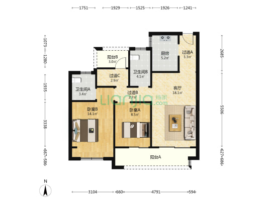 君地美好风华 2室1厅2卫 96平方