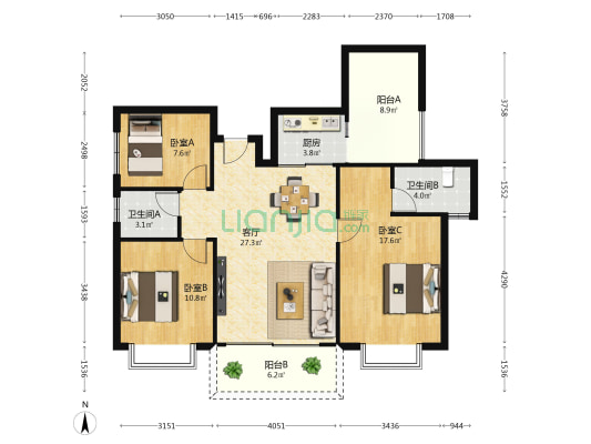 华庭名居 3室1厅2卫 107平方