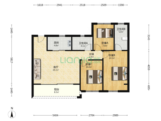 晴翠璟园 3室1厅2卫 103平方