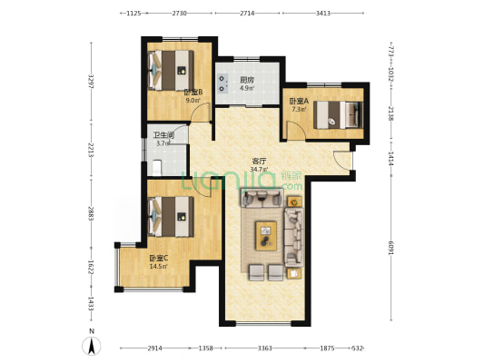 涿州东站 k2狮子城南区 南北通透全明三居室 诚心卖-户型图