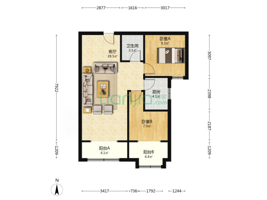 天保南北通好两居.业主诚意出.毛坯好、楼层-户型图