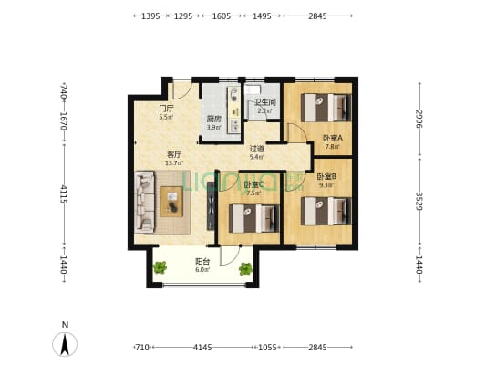 荣盛锦绣书院 3室1厅1卫 90平方